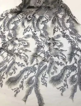 

2019 High Quality Grey African Net Lace Fabric For Wedding dress With tassel sequins Embroidered 3D applique Mesh Lace Fabrics