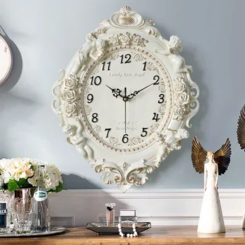 

Retro Cupid Angel Wall Clock Resin Pastoral Quartz Clock Mute Style Muted Rose Flower Round Wall European Home Decorations R1278