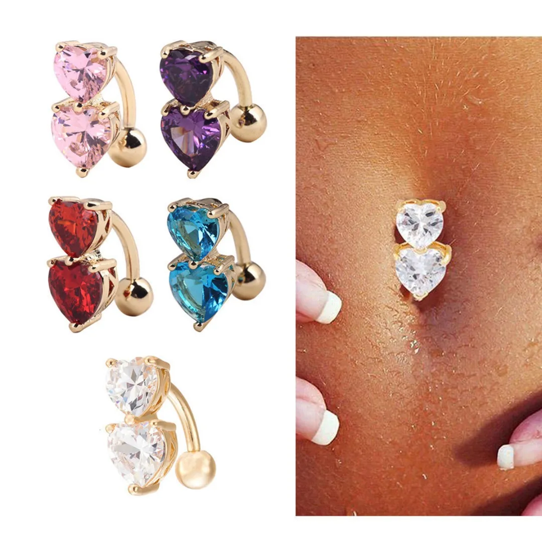 Vintage Charming Stainless Steel Crystal Bar Belly Button Rings Body Piercing ombligo Two Heart Sexy Bikini Navel Ring Shellhard