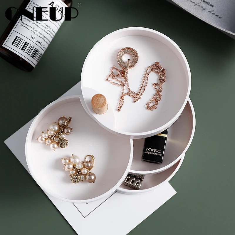 

ONEUP 4 Layer 360 Degree Rotating Wooden Jewelry Storage Box Jewelry Accessory Organizer Necklaces Rings Earrings Storage Holder