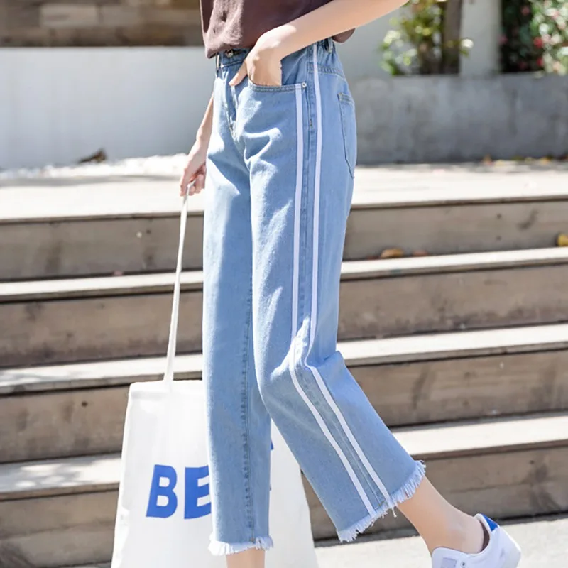

2019 Simple Casual Jeans Trend Solid Side Stripe High Waist Wide Leg Denim Pants Raw Hem Straight Plus Size Women's Jeans