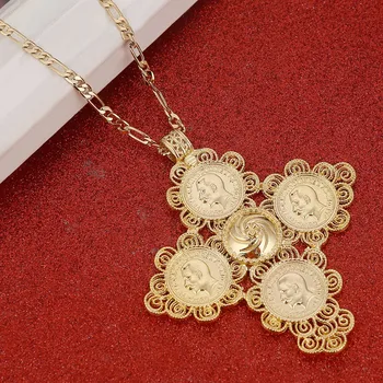 

Ethiopian Big Cross Pendants Necklaces Women Gold Color Jewelry Africa Coin Cross Eritrea Habesha Necklace