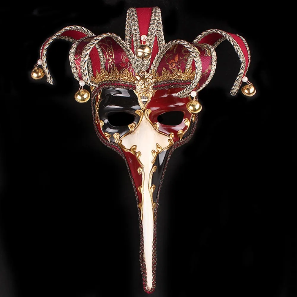 

Fashion Long Nose Upper Half Face Mask with Bell Handmade Party Mask Ventice Style Red Blue Black DEC336