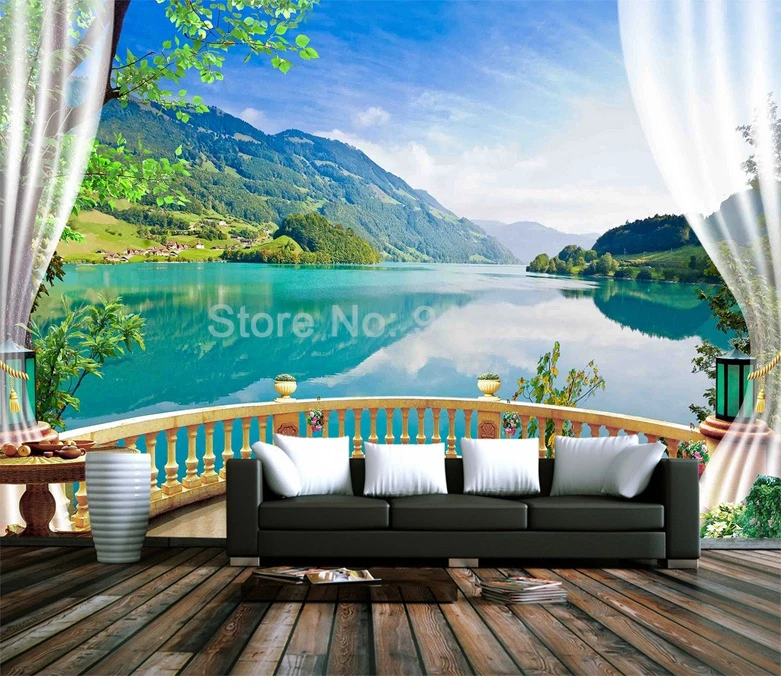 Пользовательские 3D фото обои балкон окно голубое небо белые облака озеро лес пейзаж гостиная диван ТВ фон настенная бумага