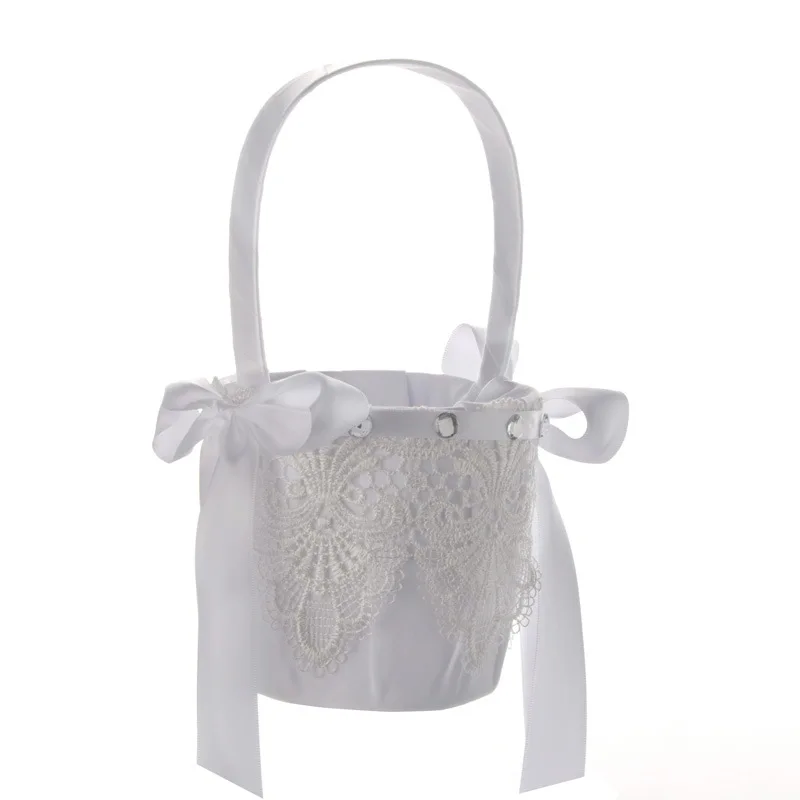 Романтическая белая атласная Цветочная корзина с бантом для девочек для свадебной церемонии, бесплатная доставка