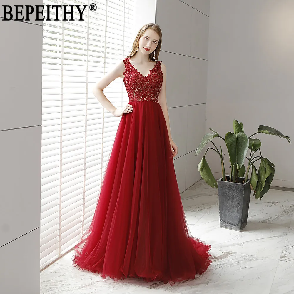 BEPEITHY, Vestidos De Gala Largos, Новое поступление, торжественное платье, бордовое, тюль, v-образный вырез, аппликация, бисер, Длинные вечерние платья