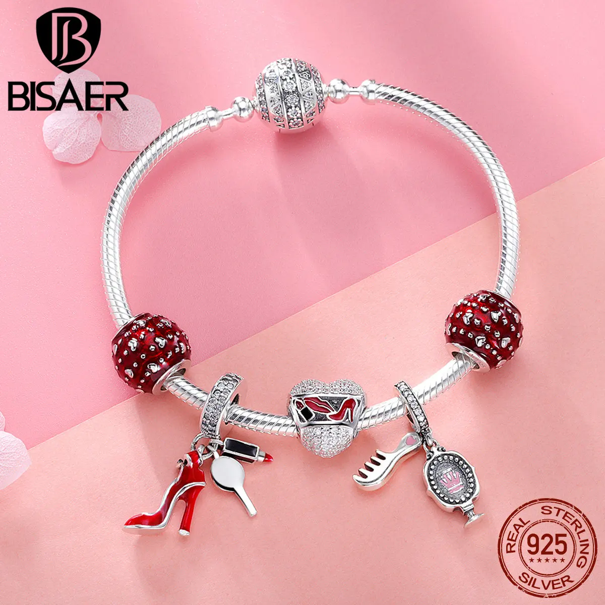 

925 Sterling Silver Bracelets High Heels Shoes Heart Red Enamel Bracelets & Bangles for Women Authentic Silver Jewelry ECB802