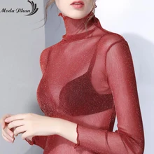 Moda jihan женские футболки перспективная сетка блеск с гофрированной отделкой топы с длинными рукавами футболки сексуальные плюс размер растягивающиеся топы тройники