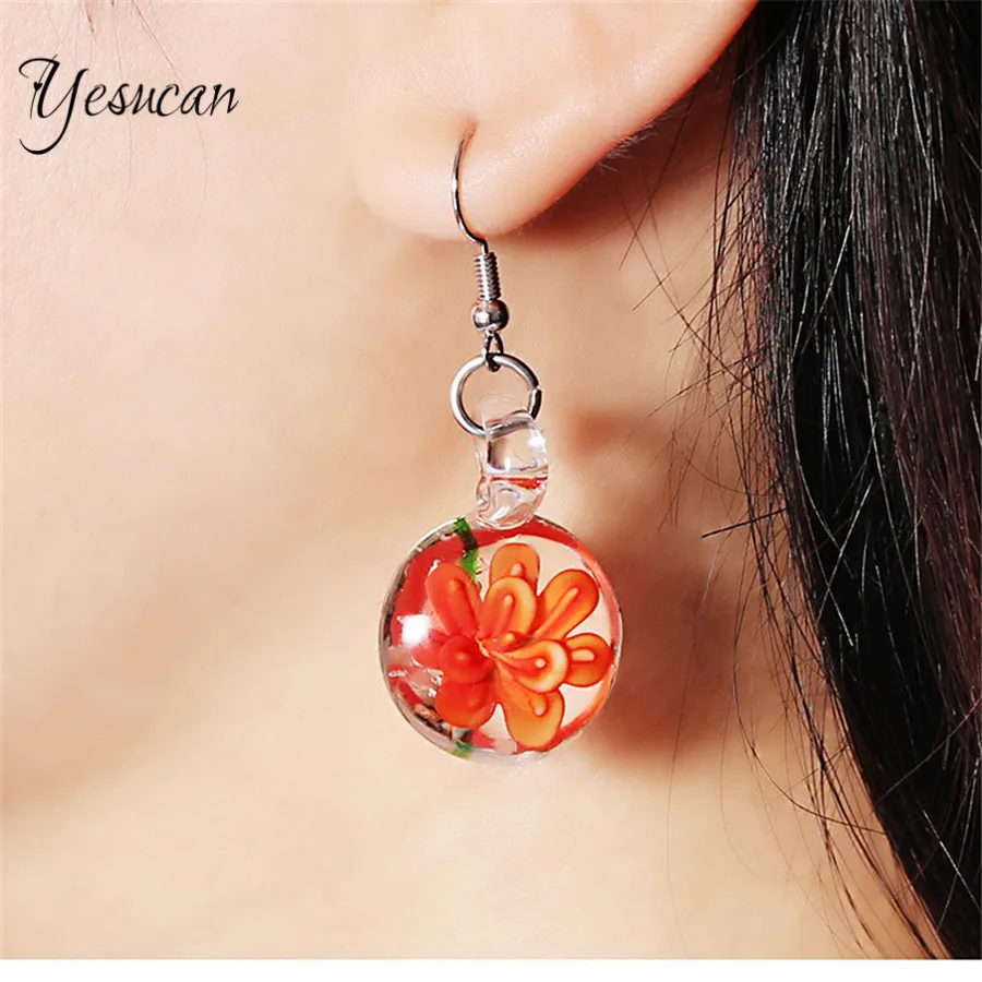 

Yesucan Charm Round Circle Glass Flower Drop Earrings for Women OL Style Cute Party Wedding Jewelry Gift Bijoux Ohrringe
