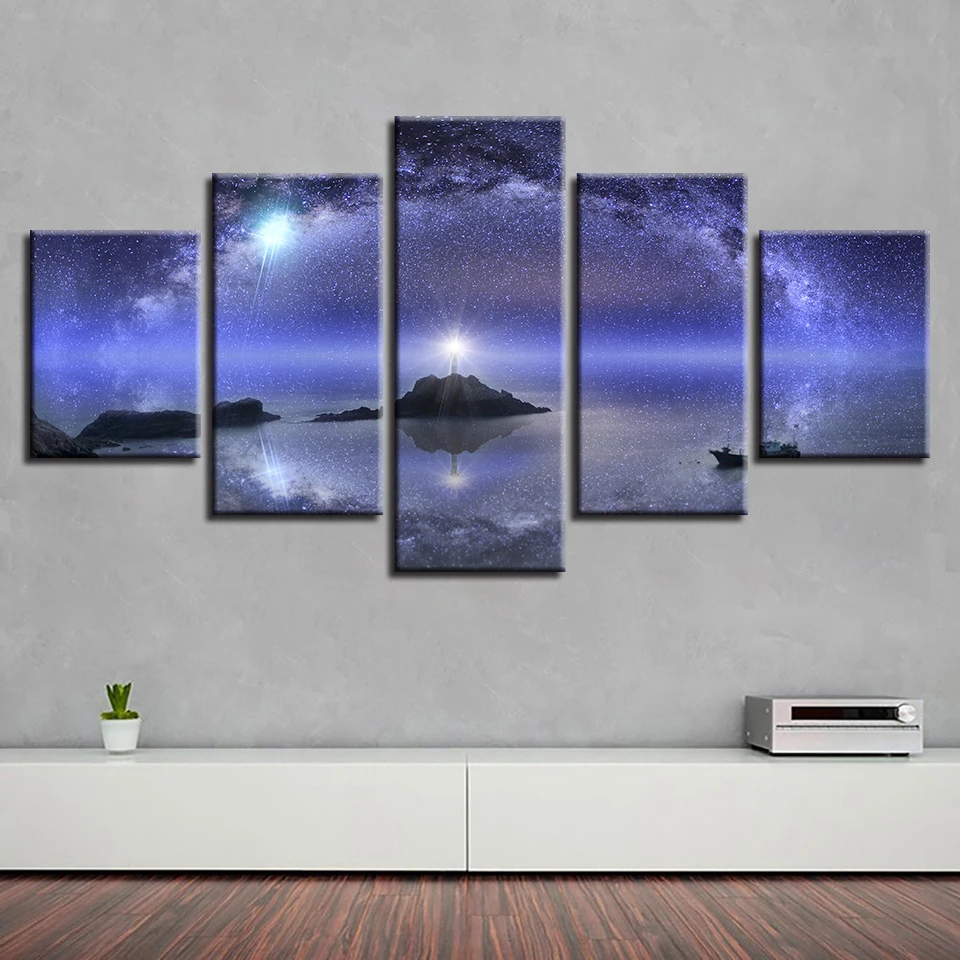 

Decor Modern Wall Art Canvas Painting Modular Posters 5 Pieces HD Printed Beautiful Starry Sky And Island Scenery Pictures Frame