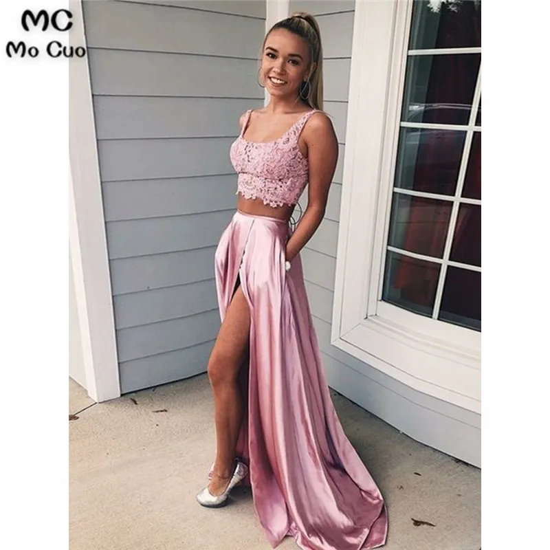 Two Pieces Gown 2019 Pink Evening Dresses Long with Pockets Satin Floor Length Spaghetti Straps Formal Evening Party Dress