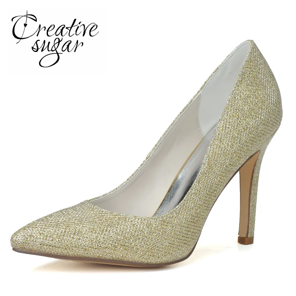 

Creativesugar simple pointed toe glitter lady pumps silver gold black sparkling bridal wedding party cocktail prom shoes heels