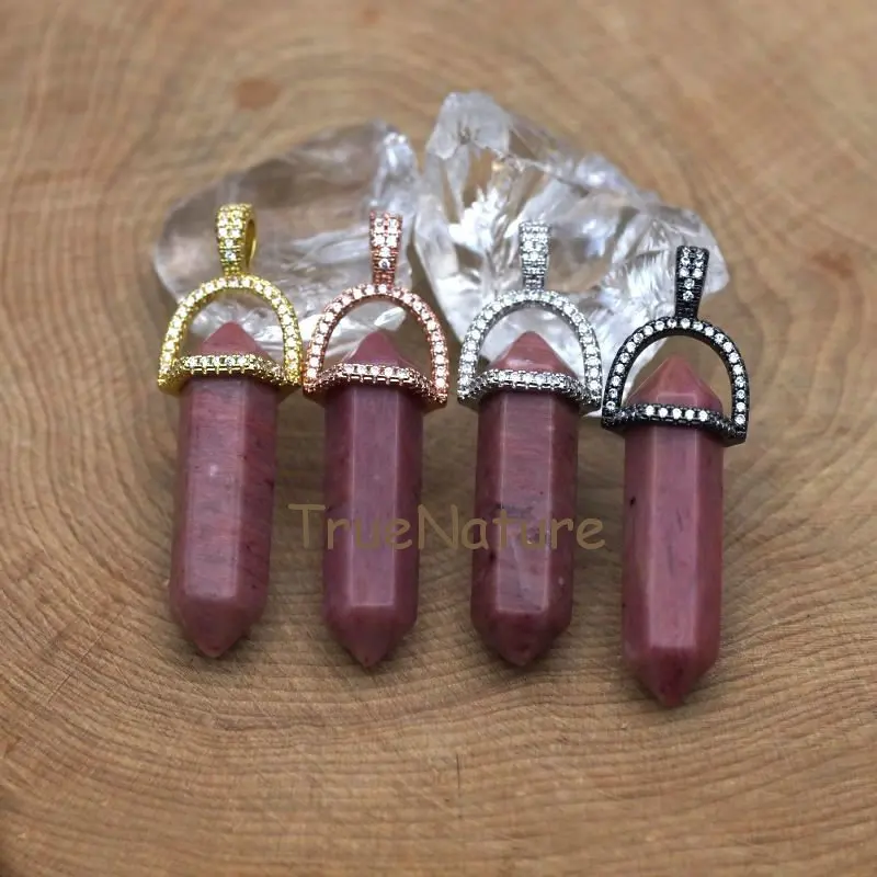 

Double Terminated Pendant Metal Finish Charm Zircon Paved Single Bails Pendant Red Jaspers Point Beads In 45*10 mm PM7389