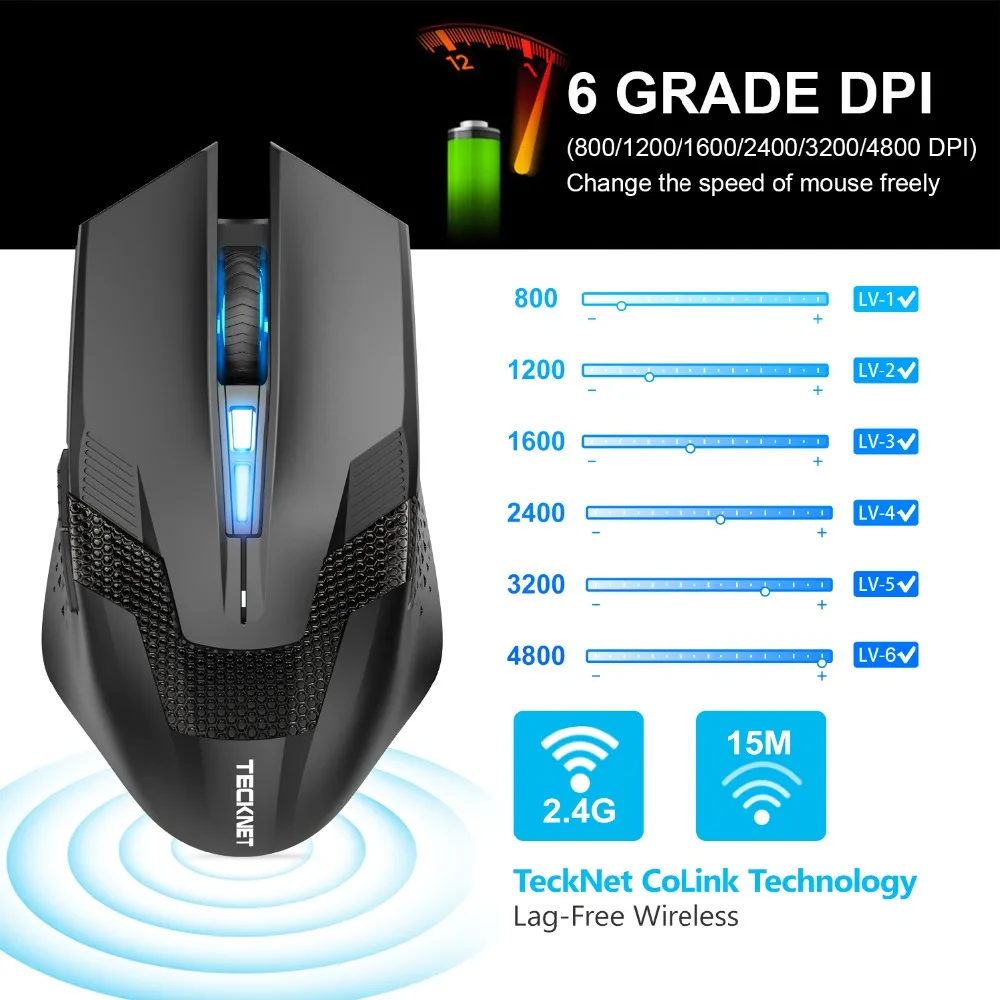 Billig TeckNet 2,4 GHz Wireless Mouse Optical Gaming Maus Programmierbare Makro 4800DPI 8 Tasten Maus Gamer Drahtlose Mäuse Für PC laptop