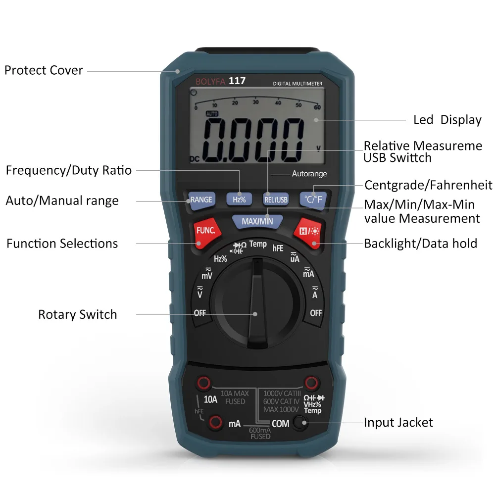 

BOLYFA Professional Digital Multimeter AC/DC Voltage Tester True RMS Multimetro USB Interface PC Software CD and Data Output Fun