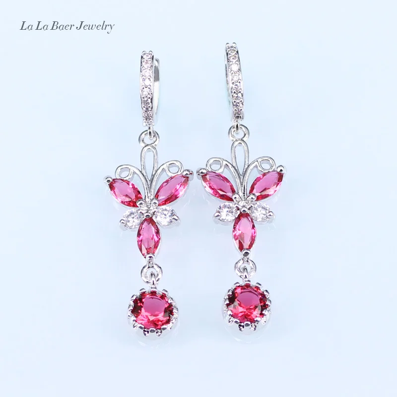 L& B леди 925 серебряные ювелирные наборы розовый кристалл браслет из белого циркония Ожерелье Длинные серьги с подвесками цепь для женщин