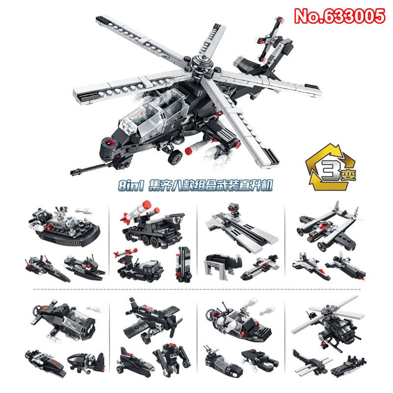 

DIY 8in1 712pcs Military Helicopter Model Building Blocks Speedboat Rocket Missile Vehicle Submarine Plane Bricks Toys for Kids
