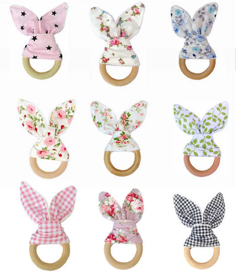 

Baby Kids Girl Boy Bunny Ear Teether Safe Organic Wood Teething Ring Colorful Flower Choice Shower Gift