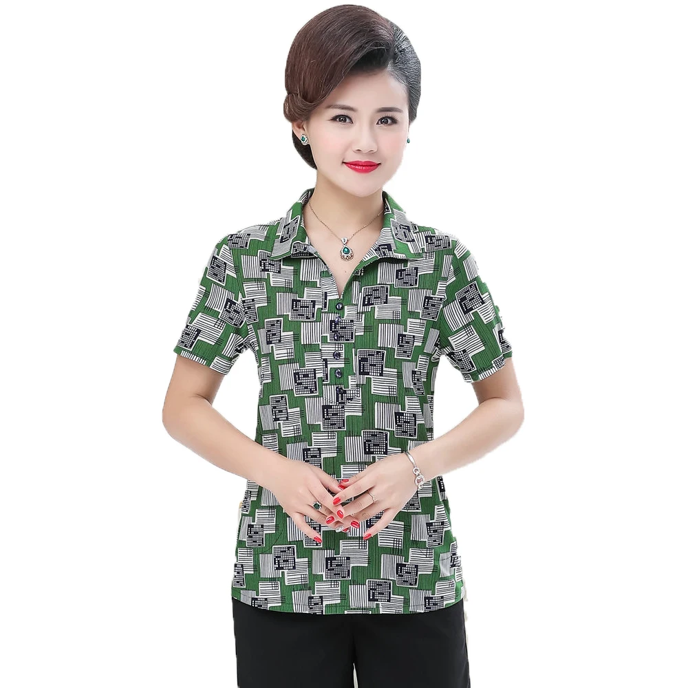 

Middle Aged Women Summer Shirts Red Green Yellow Print Top Mother Turn Down Collar Short Sleeve Blouse Woman Casual Shirt Mom