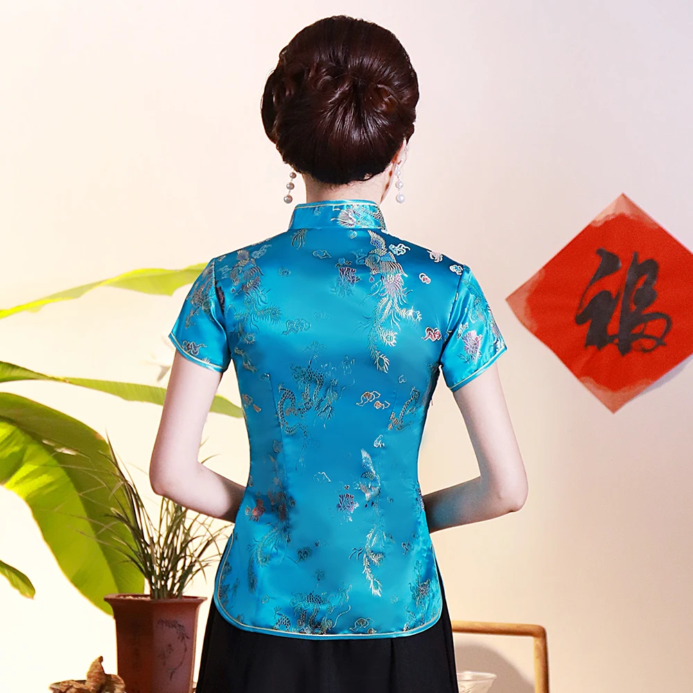 Dragon Phoenix Chinese National Women Blouse Casual Summer Short Sleeve Shirt Tops Traditional Mandarin Collar Clothing
