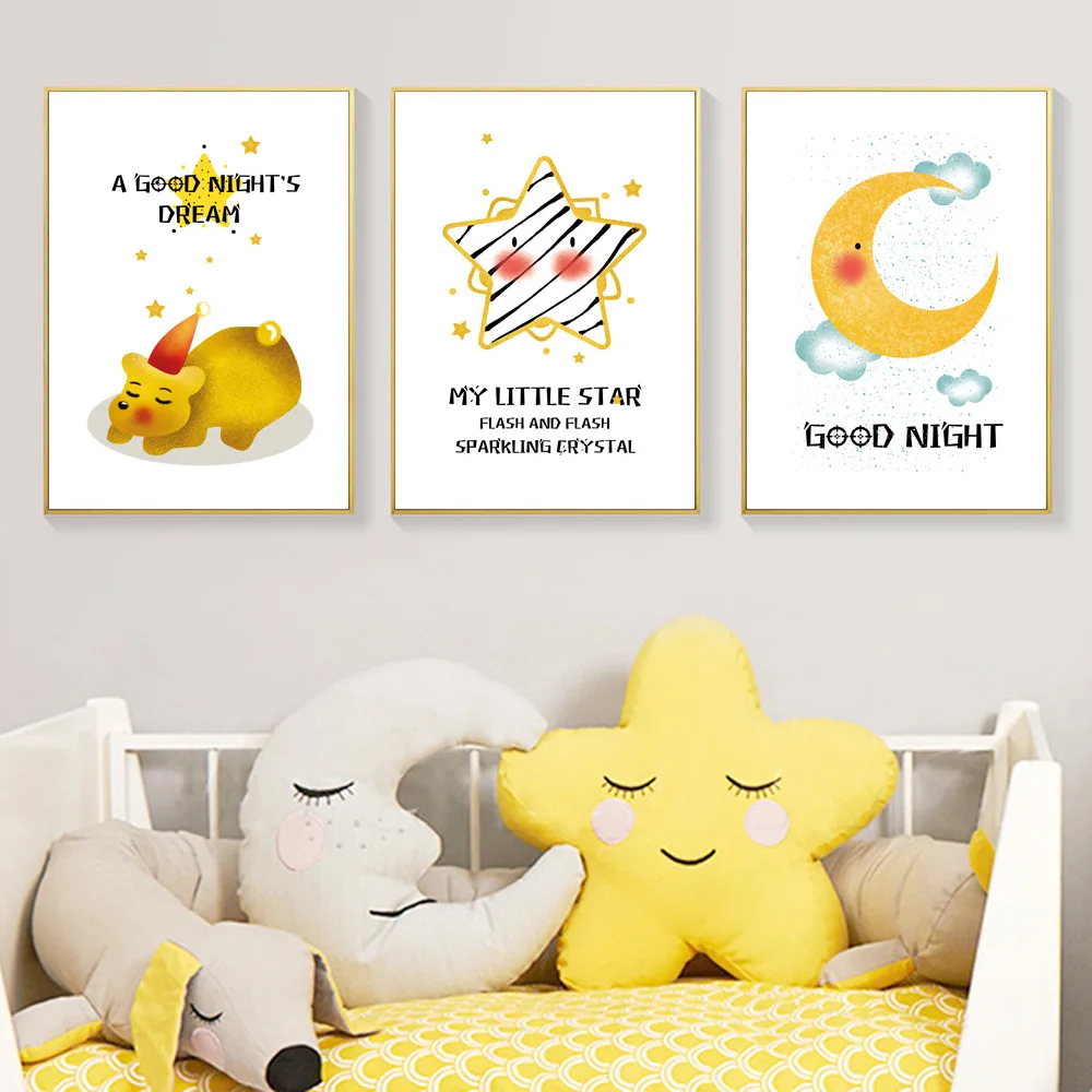 Cartoon Canvas Painting Yellow Poster Poster Kids Room Moon Painting Nordic Nursery Wall Art Canvas Moon Pictures Unframed