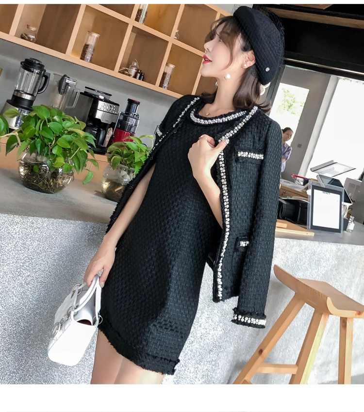 2018 New Autumn Runway Tweed 2 Piece Set Dress Designer Winter Women Beading White Jacket Coat + Mini Tank Wool Blend Suits