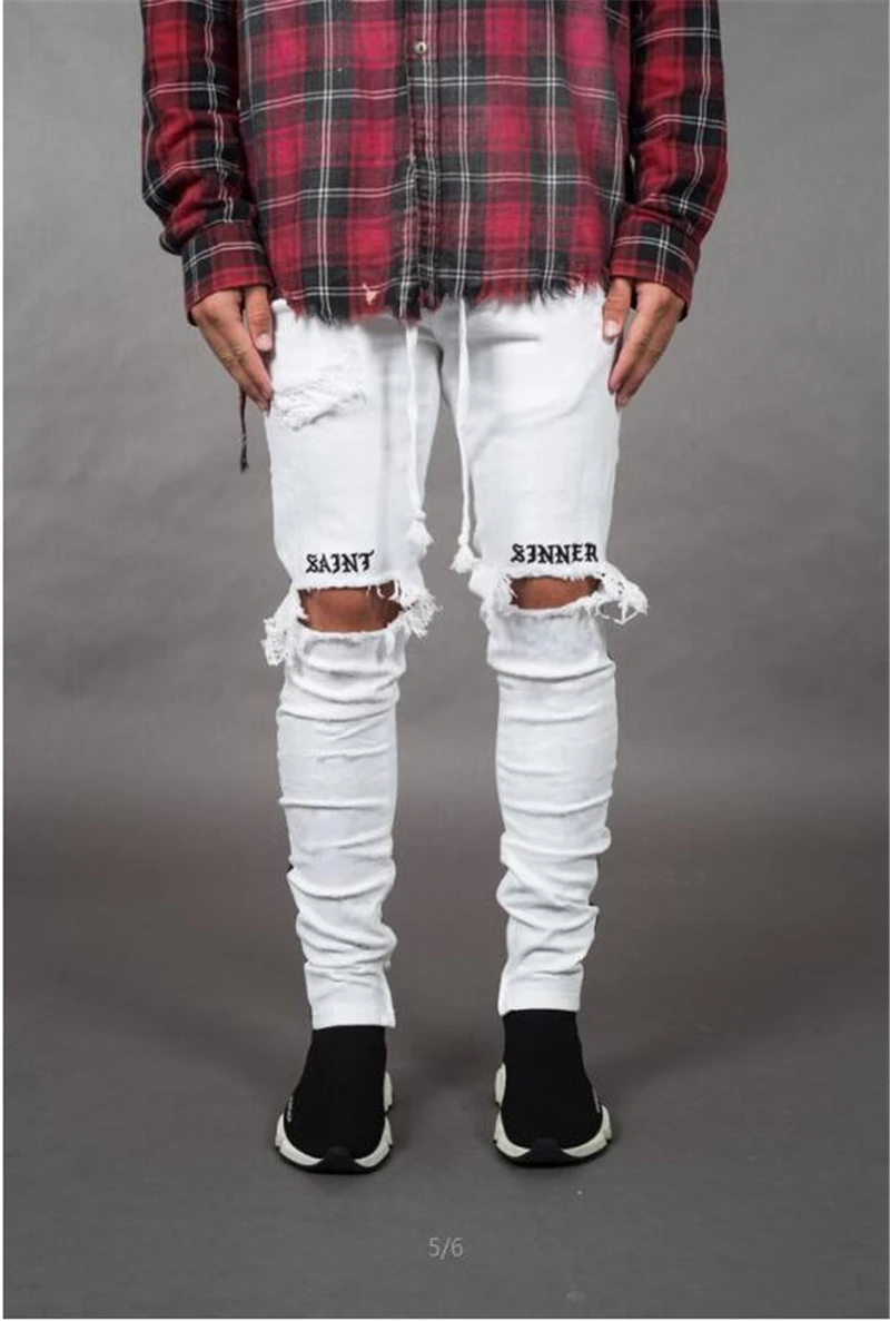 Новые стильные мужские эластичные рваные 2019 обтягивающие мужские джинсы с потертостями, облегающие белые джинсовые штаны с дырками
