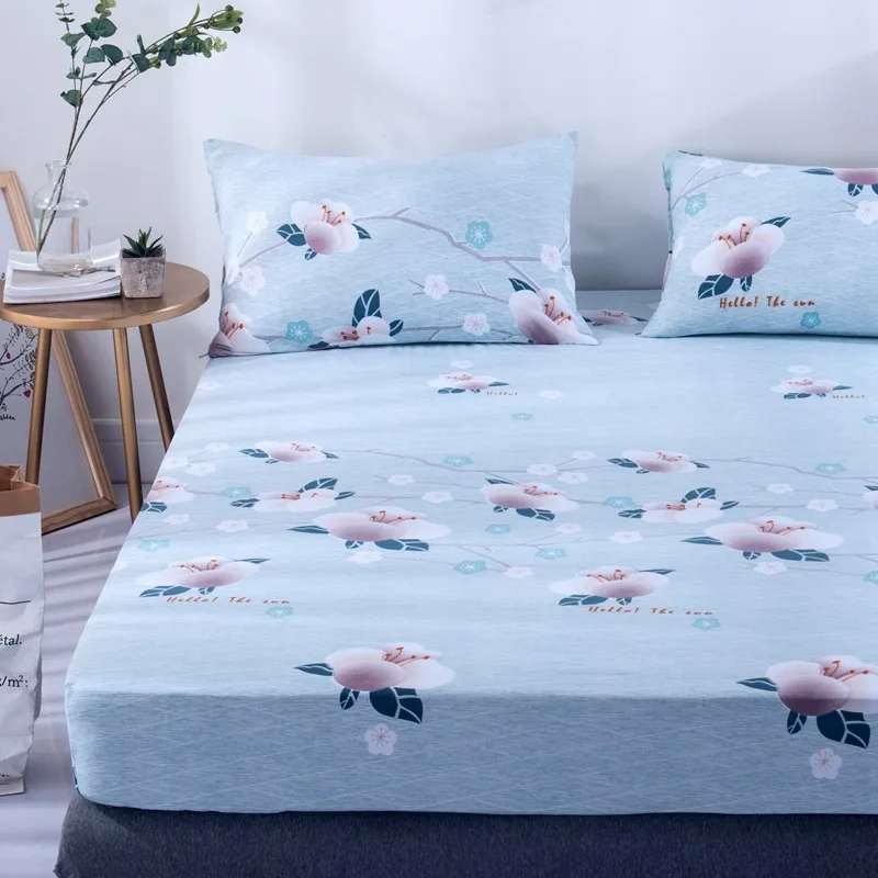 

Washed Cotton Soft Fabric Printed Color Fitted Sheet With Rubber Mattress Protective Cover