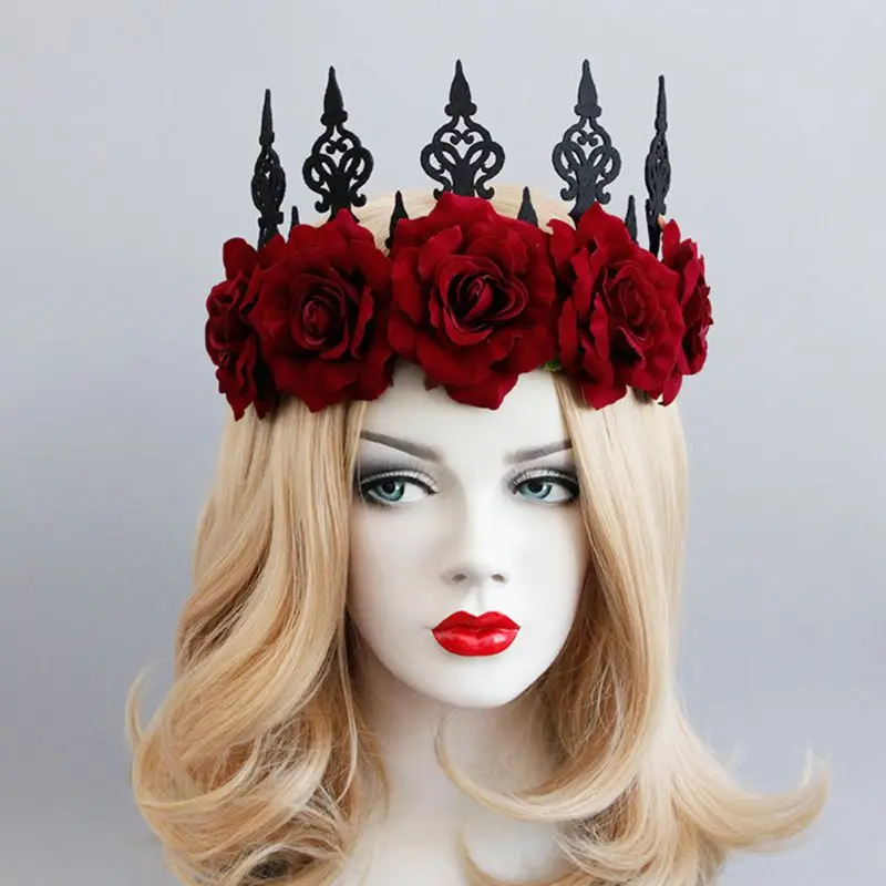 Леди голова королевы венок Винтаж, готика, черный Корона красные розы Тиара повязка на голову Хэллоуин вечерние Маскарад косплей