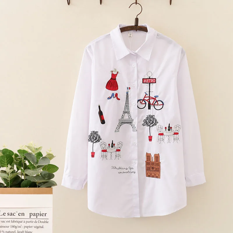 

New Woman Tops Embroidery White Cotton Long Blouse turn-down Full sleeve lapel collar Loose blouses top plus size