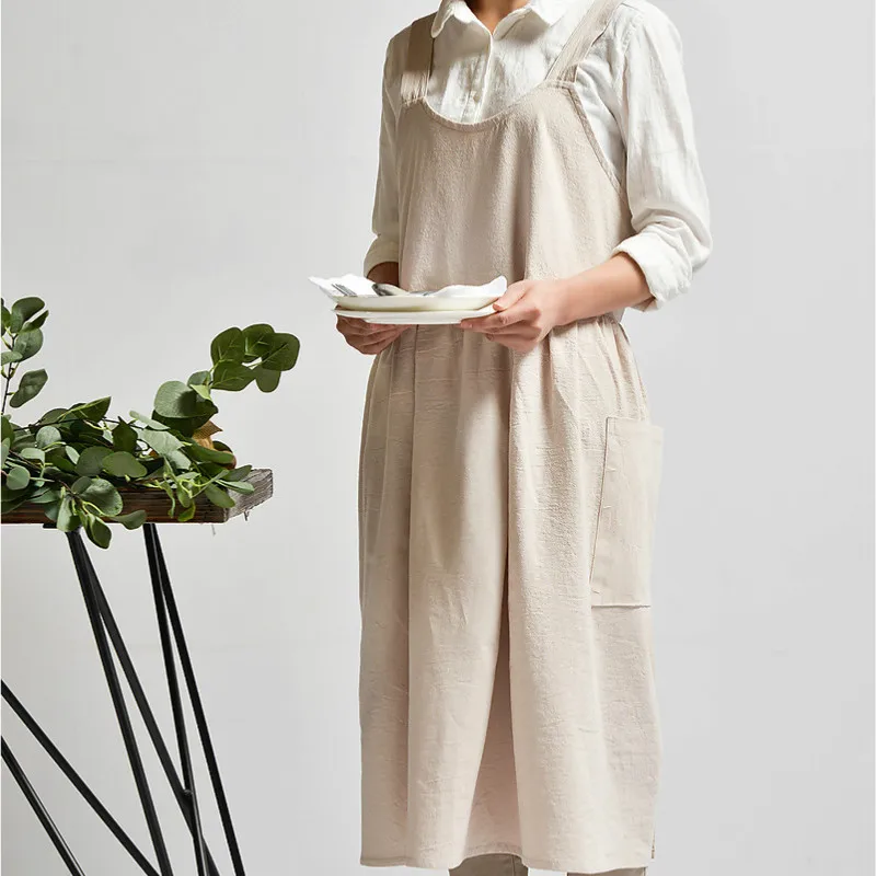 Женский хлопковый льняной фартук, фартук в японском стиле без рукавов, фартук для домашнего приготовления - Цвет: Beige