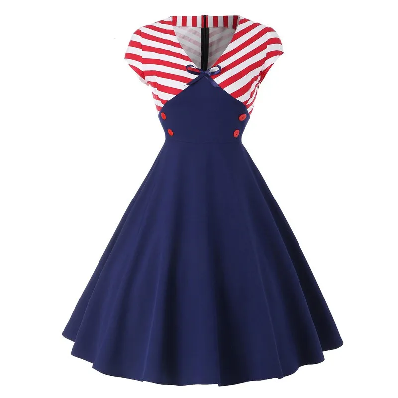 Aovica L-4XL размера плюс Ретро Полосатое контрастное А-образное рокабилли Платье женское с v-образным вырезом и пуговицами винтажное платье миди - Цвет: Тёмно-синий