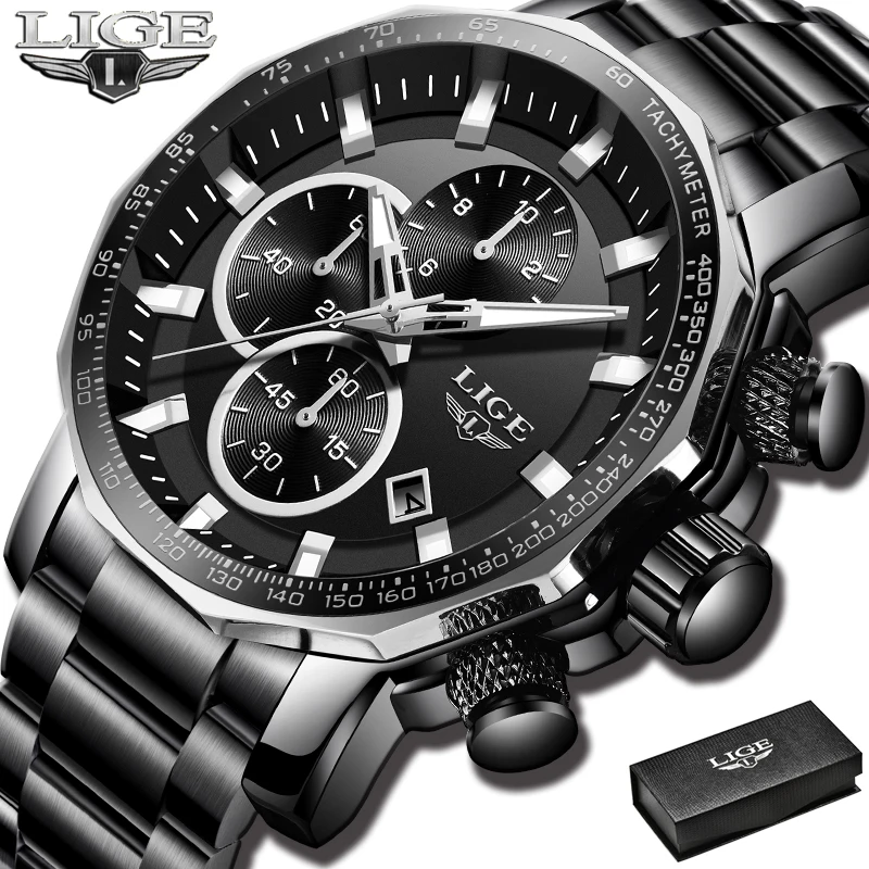 

LIGE Watches Men's Black High-end Atmosphere Business Wristwatch All Steel Waterproof Quartz Men's Watch Relogio Masculino+Box