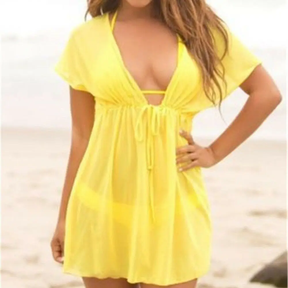 NEW Women Bathing Suit Chiffon Bikini Cover Up Swimwear Casual Beach Wear Dress - Цвет: Цвет: желтый