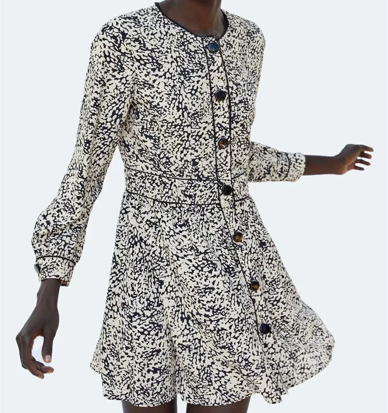 

Women vintage o neck print patchwork button wasit pleated casual mini dress office lady wear chic vestidos dresses autumn winter