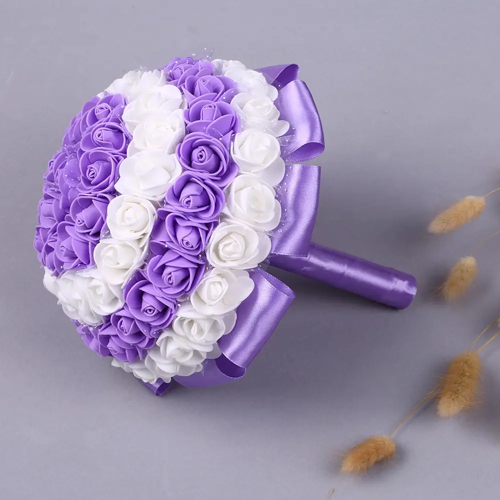

21cm Wedding Bridal Bouquet PE Foam Purple + White Artificial Rose Flower Bouquet for Bride Wedding Supplies