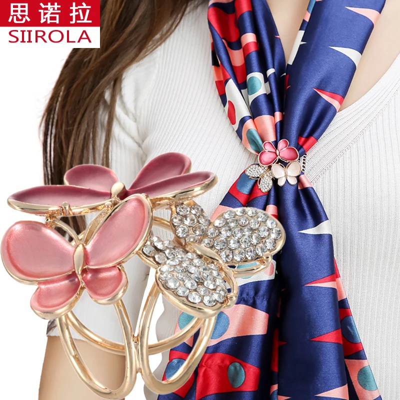 

SIIROLA Romantic Elegant Silvery Golden Women Brooch Jewelry Red white Enamel Crystal Butterfly Shawl Scarves Scarf Buckle Clips