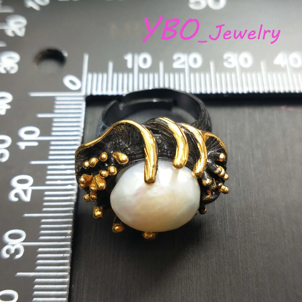 YBO, Big supper ring natural irregular pearl ring in 925 sterling silver with gold plated beautiful hand made hypebole big ring