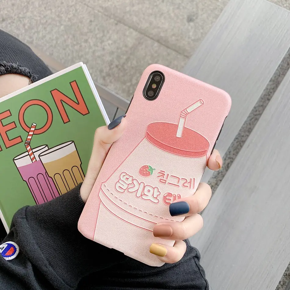 

For iPhone XR X XS Max Case Pink Silk Cute Strawberry Milkk Phone Case For iPhone 7 8 Plus 6 6s Soft Silicone TPU Cover