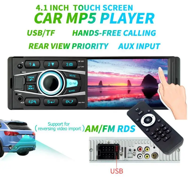 HE521 Single DIN Bluetooth Car Video Player Stereo 4.1inch Touch Screen USB AUX Input FM/AM/RDS Radio Receiver In Dash Head Unit