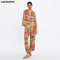 Linjiashop богемной печати комбинезон атласные ленты цветочный Для женщин с v-образным вырезом на лето и весну призвание уличная комбинезон