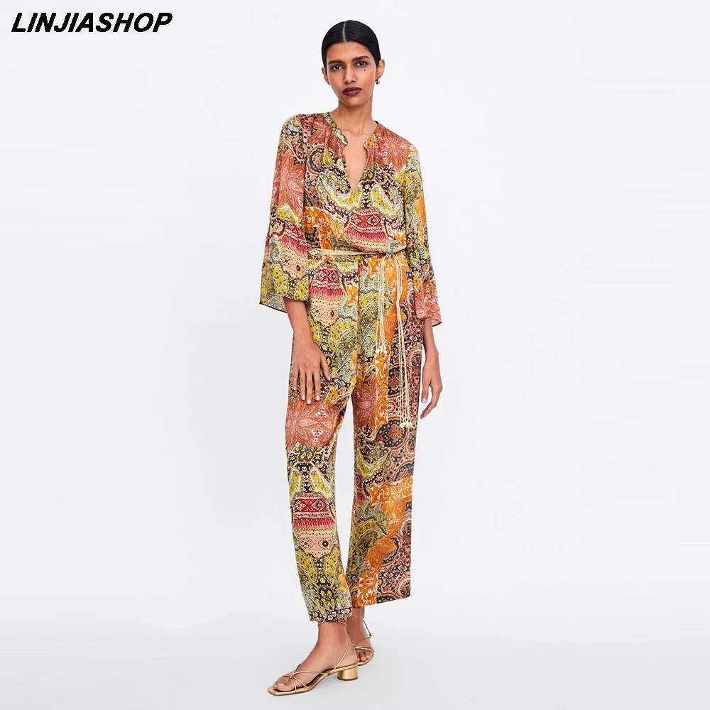 

Bohemian Print Women Jumpsuit Satin Sashes Floral V Neck Summer Spring Vocation Streetwear Jumpsuit Bloggers New Arrivals 2019