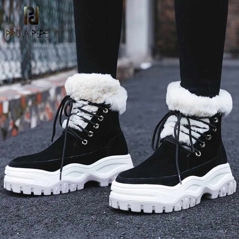 

Prova Perfetto New Women Cow Suede Ankle Boots Platform Winter Snow Boots Round Toe Lace Up Short Martin Shoes Woman Basic Boots