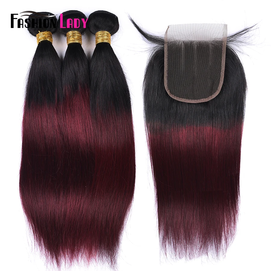 

FASHION LADY Pre-Colored 100% Human Hair T1B/99J Ombre Brazilian Straight Hair 3 Bundles With 4x4 Lace Closure 3 Part Non-Remy