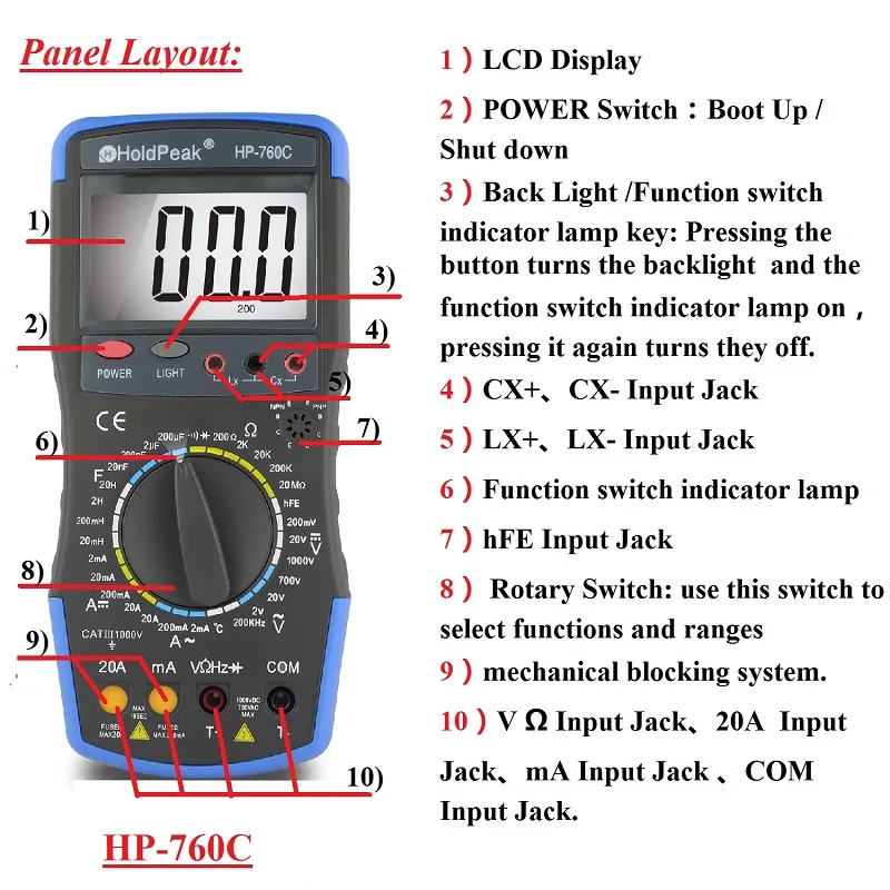 HoldPeak HP-760C Цифровой LCR мультиметр инструмент для измерения емкости и индуктивности с AC/DC напряжение тока сопротивление тест и сумка для переноски