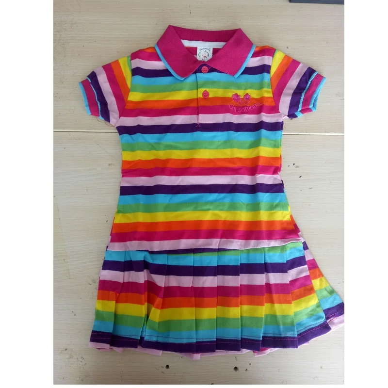 

2017 Rainbow Stripe Girls Dress Cotton Kids Dresses For Girls Pettiskirt Polo Jumpers Floral Summer Children Clothes