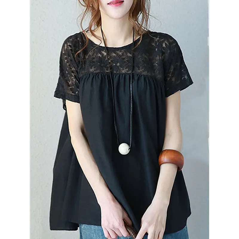 

Oversize Lace Blouse Women Sexy Loose Korean Vintage Fashion Casual Shirts Large Size Black Tops Ladies Summer Sweet White Shirt