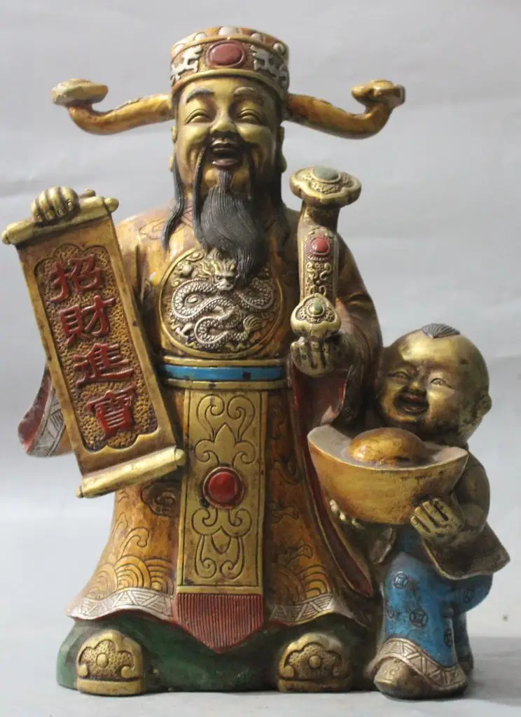 

S01493 13" Chinese Bronze Painting Wealth God YuanBao Dragon Tongzi Mammon Ruyi Statue B0403