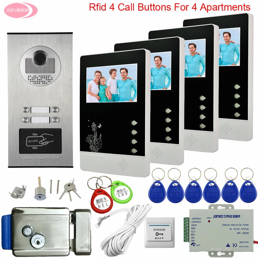Video Door Entry Systems With Camera Rifd Access Control Video Intercom 4 Apartments 4.3\ Monitor for Doorbells + Electric Lock Video Door Entry Systems With Camera Rifd Access Control Video Intercom 4 Apartments 4.3\ Monitor for Doorbells + Electric Lock