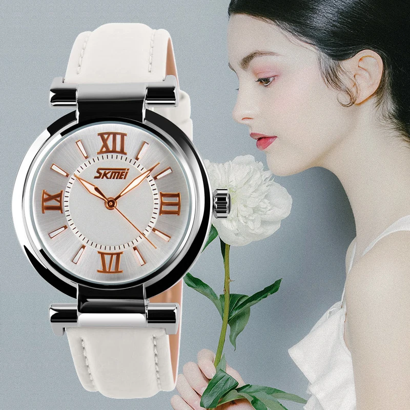 SKMEI часы женские модные роскошные Брендовые Часы 3 бар водонепроницаемые Простые Женские кварцевые наручные часы с кожаным ремешком reloj mujer 9075